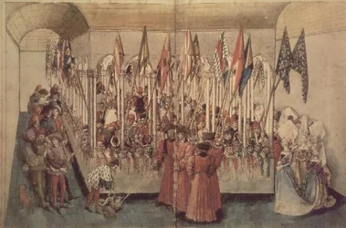 Fr 2695 f.67v Die Waffenkammer vor einem Turnier, aus dem Livre des Tournois de Rene d